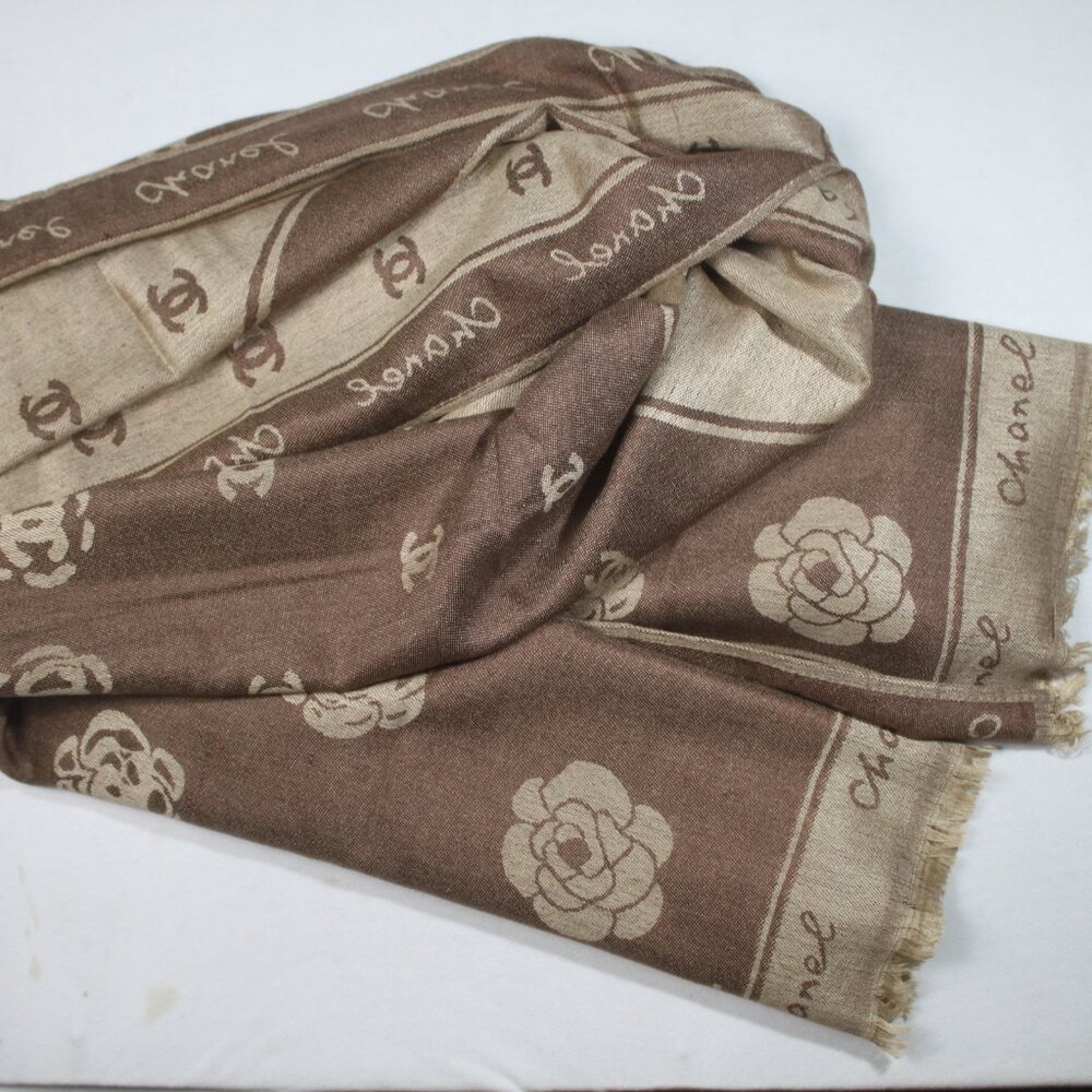 Authentic Chanel Scarf wrap stole 65% Cashmere 35% Silk Brown Used - Picture 8 of 10